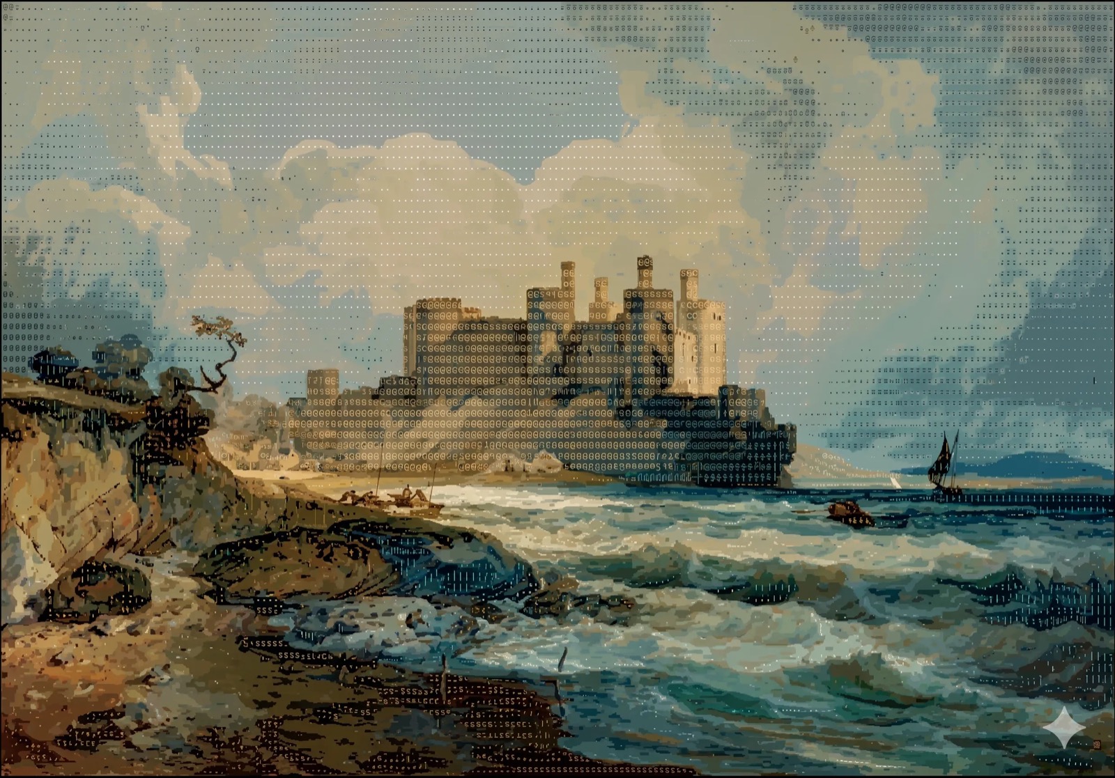Painterly ASCII-mosaic panorama of a waterfront castle from Wafer's blog cover art